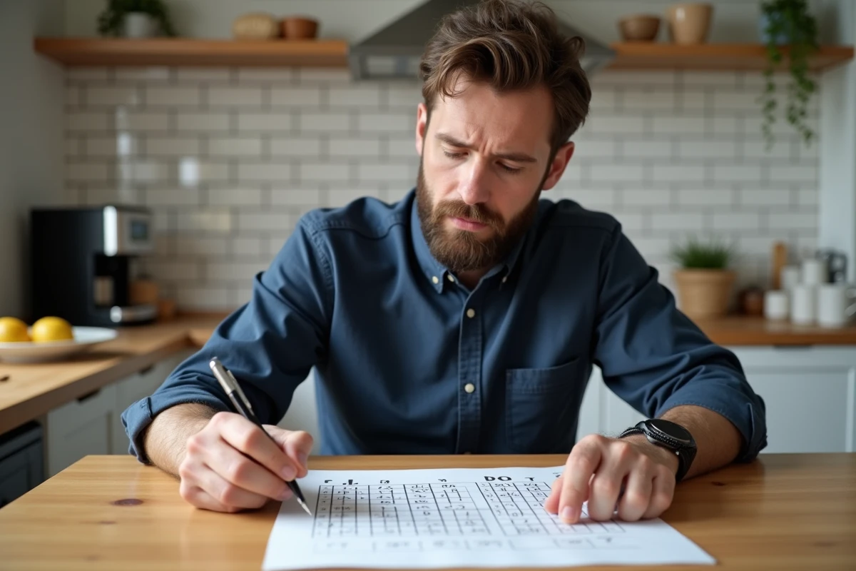 Homme résolvant une grille de mots sur papier à la table de la cuisine le matin