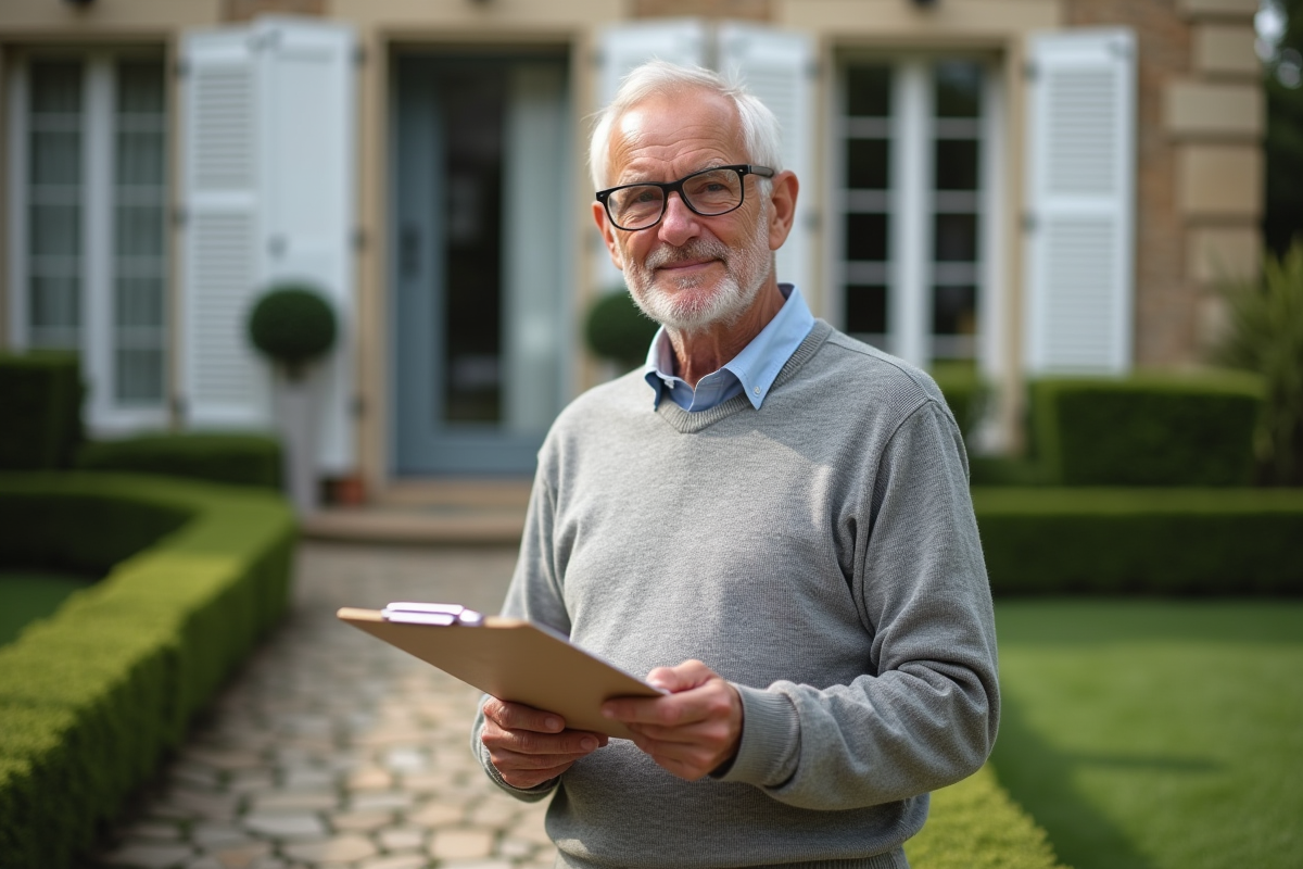 Homme âgé en extérieur devant une maison française