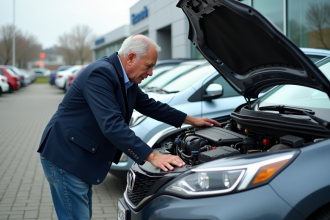 Homme d'âge moyen inspectant le moteur d'une voiture d'occasion