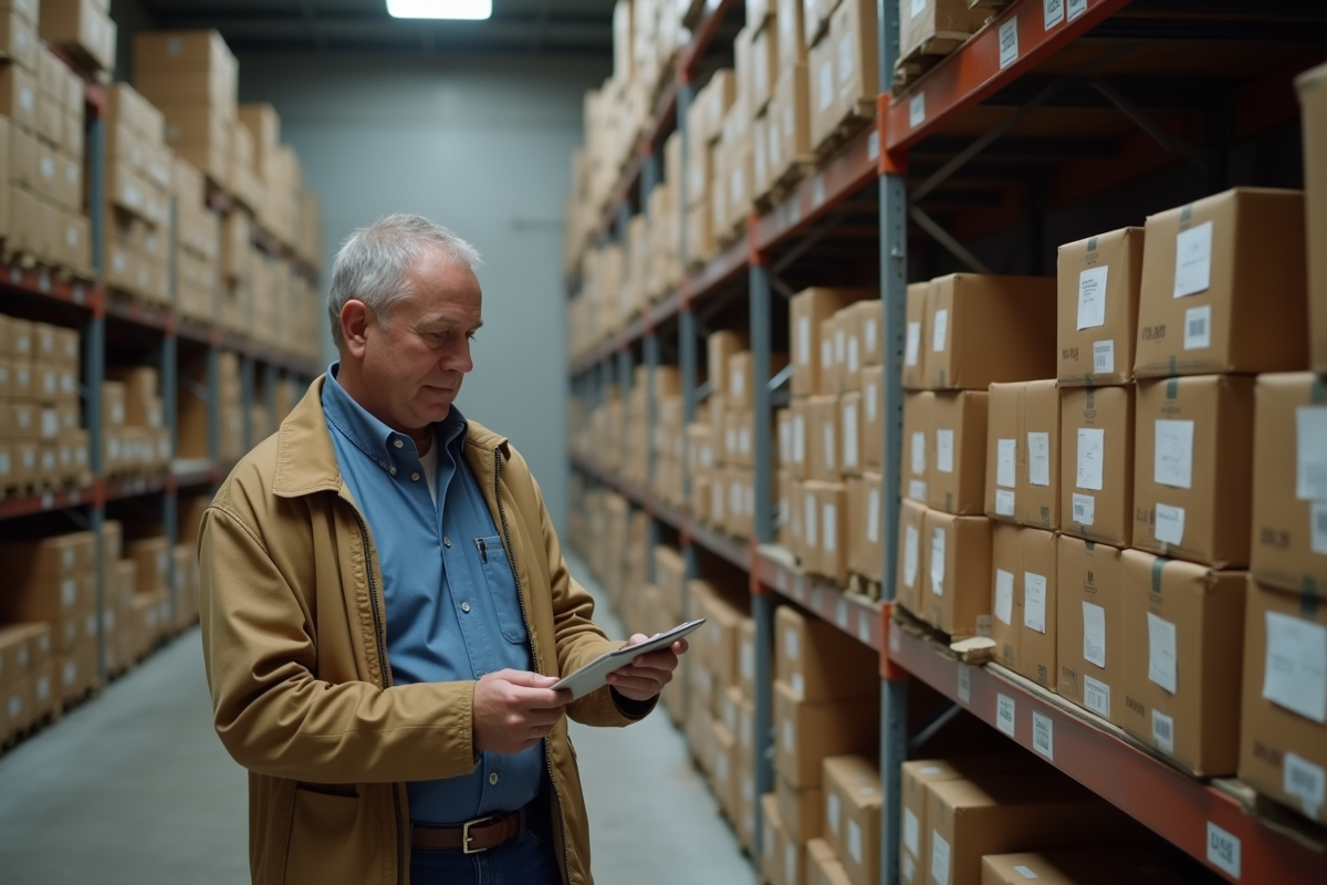 Homme inspectant des colis dans un entrepôt industriel