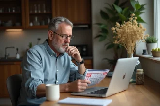 Homme d'âge moyen vérifiant ses résultats de Keno à la maison