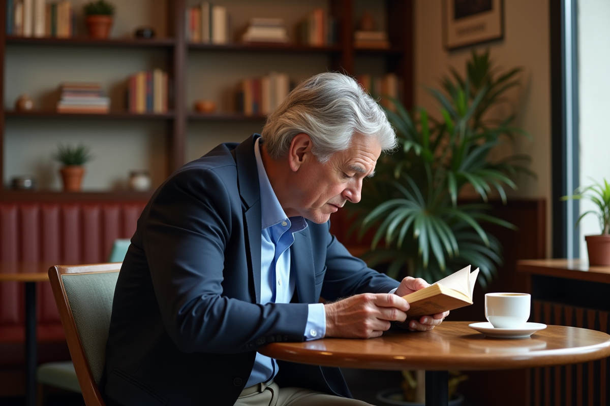 Homme en blazer lisant au café
