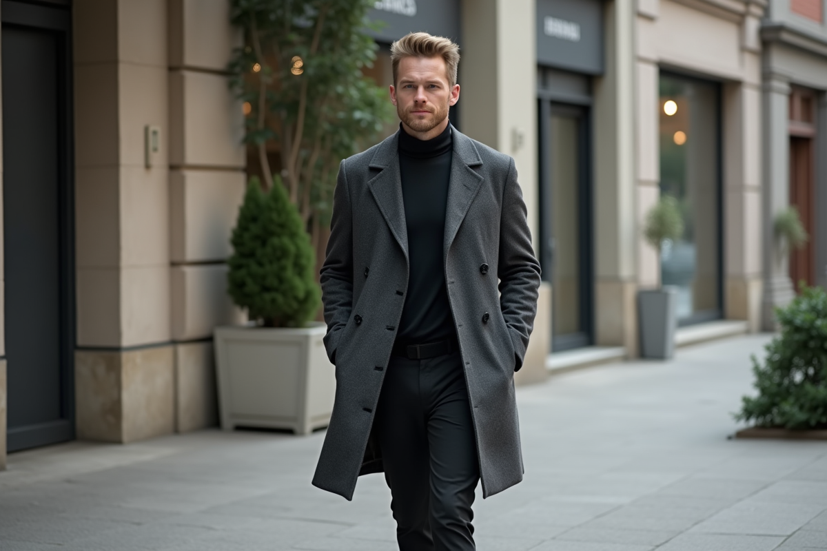 Homme en manteau sombre marchant dans une rue urbaine calme