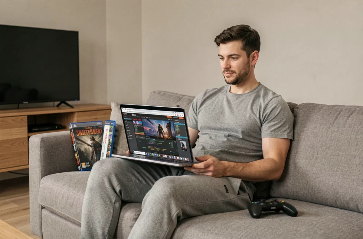 Homme consultant un site de mods pour jeux de simulation sur ordinateur portable dans un salon moderne