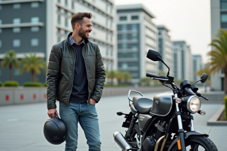 Jeune homme souriant à côté d'une moto 125cc en ville