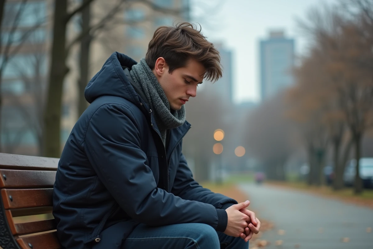 Jeune homme assis sur un banc dans un parc urbain
