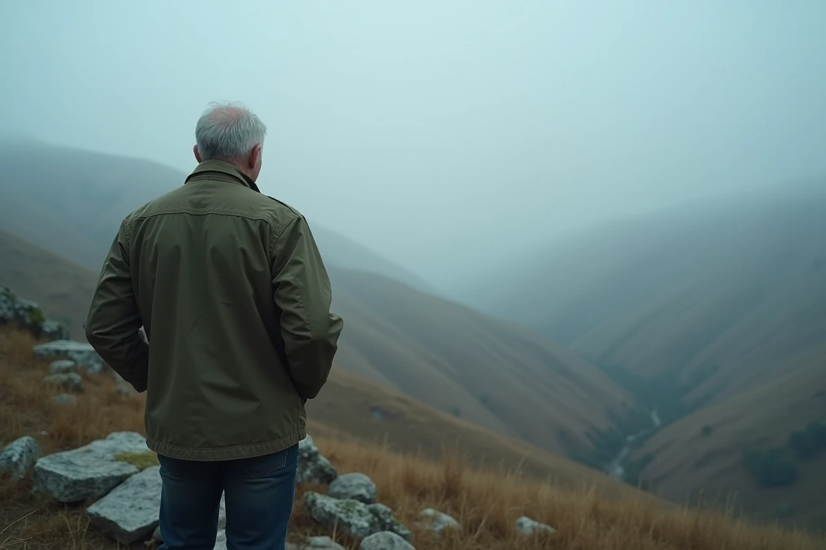 Homme face à un paysage brumeux et infini symbolisant le mystère et l'inconnu du concept Zosvepnoraz
