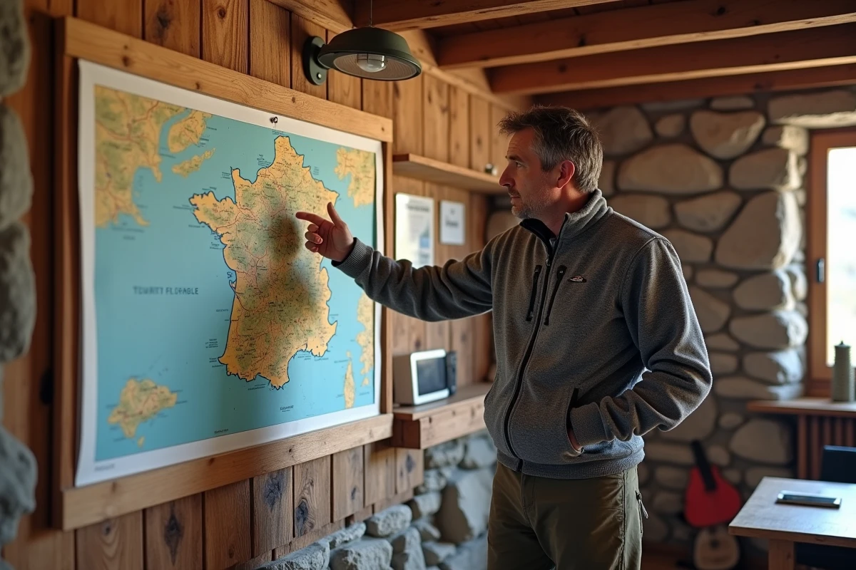 Homme indiquant une carte topographique dans refuge de montagne