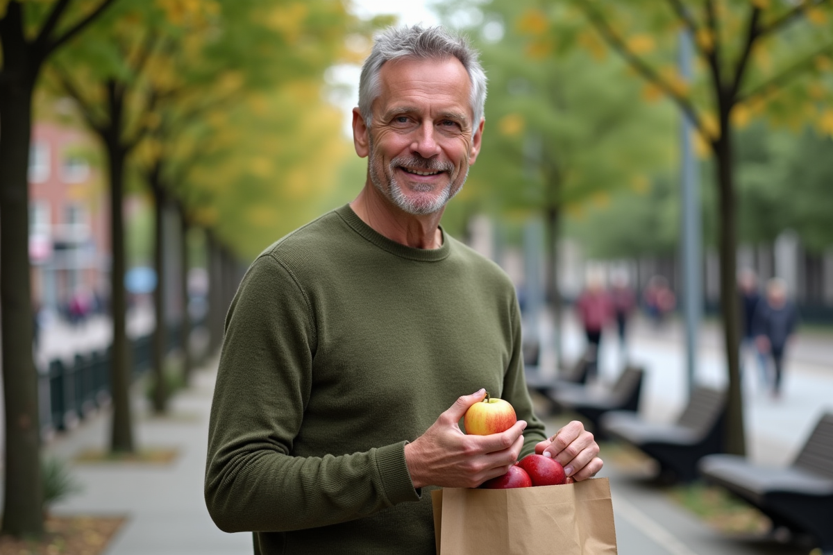 Homme choisissant une pomme dans un parc urbain