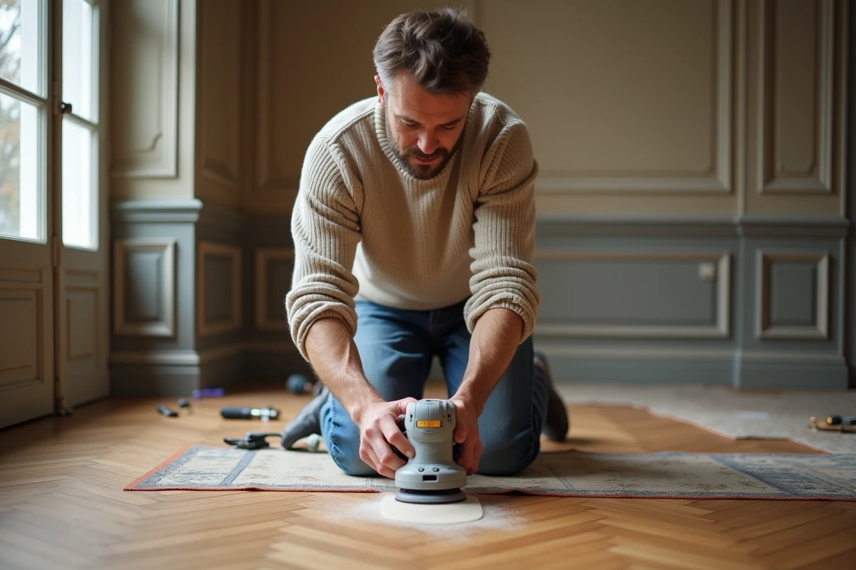 Homme au jeans et pull clair ponçant un parquet ancien