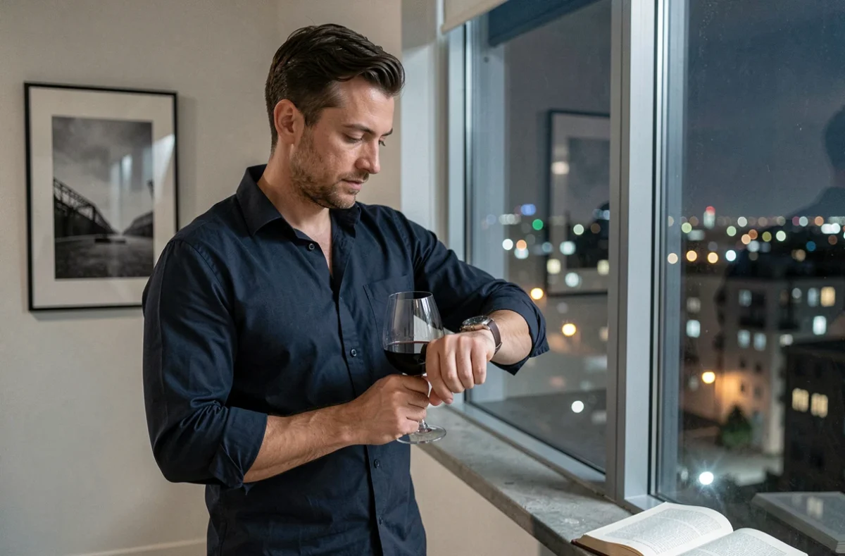 Homme seul le soir regardant sa montre affichant 21h12 avec vue sur la ville depuis son appartement