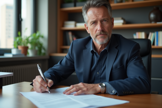 Homme d'âge moyen signant des documents dans un bureau professionnel