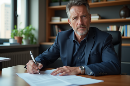 Homme d'âge moyen signant des documents dans un bureau professionnel