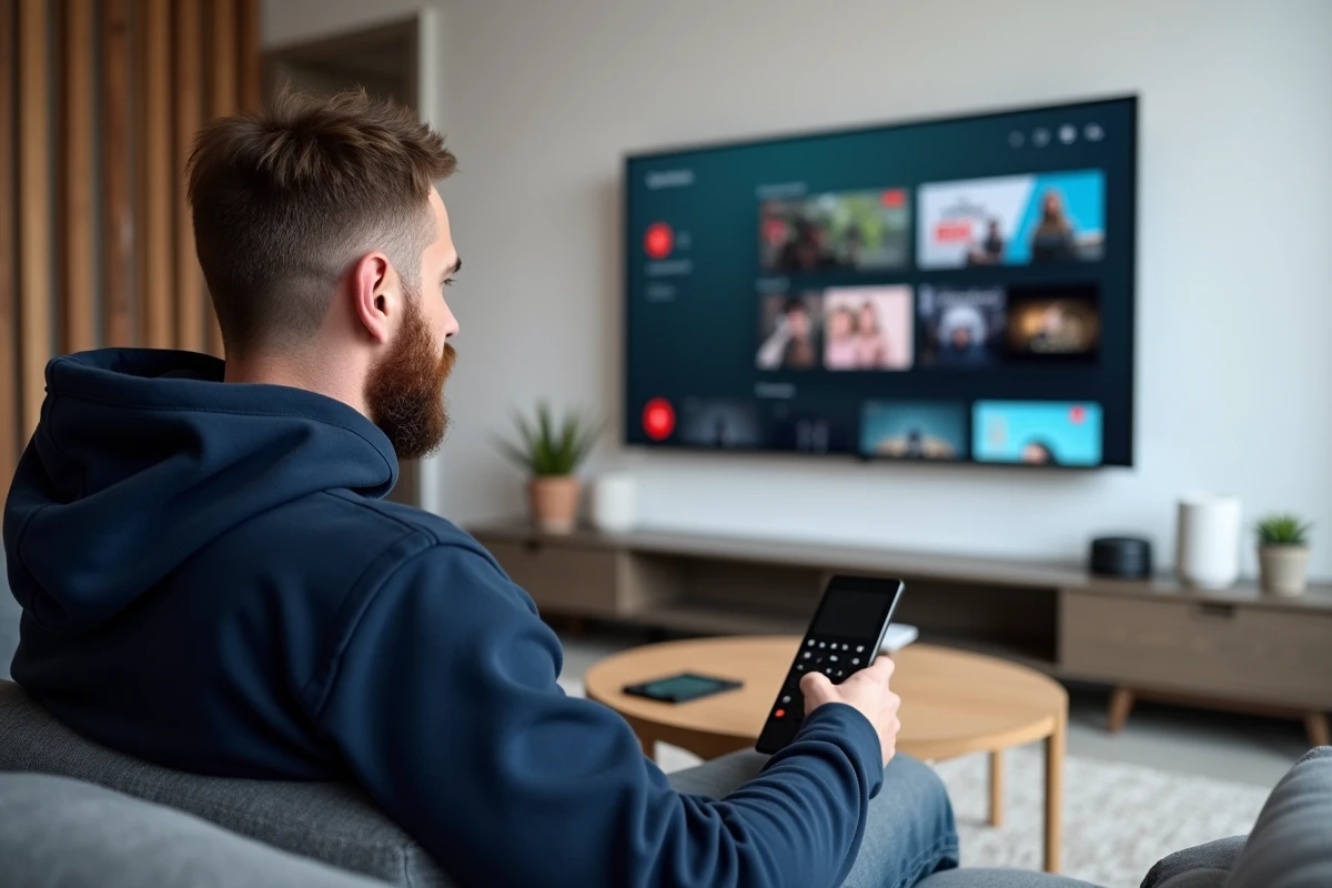 Homme consultant une nouvelle adresse de site de streaming de films sur sa télévision connectée