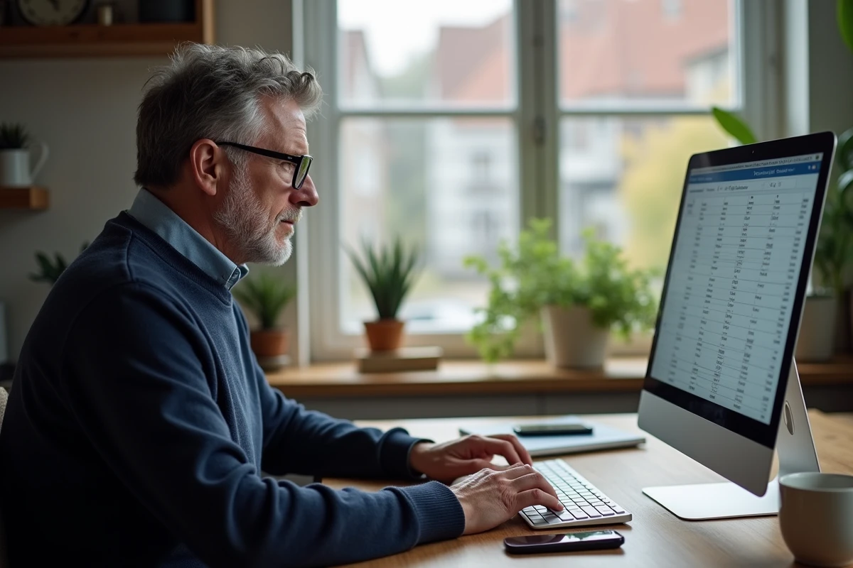 Homme concentré entrant des données sur son ordinateur