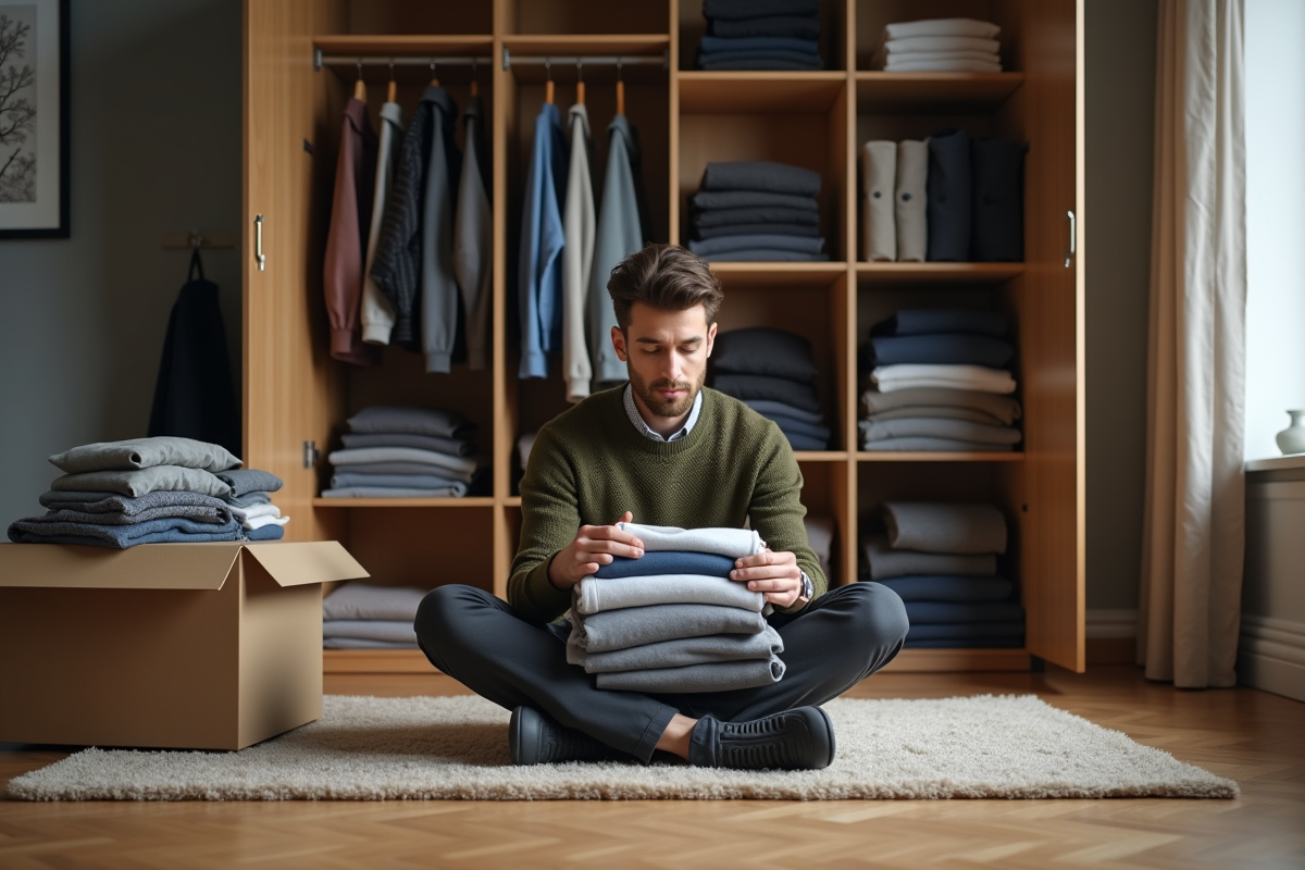 Homme triant ses vêtements dans une chambre chaleureuse