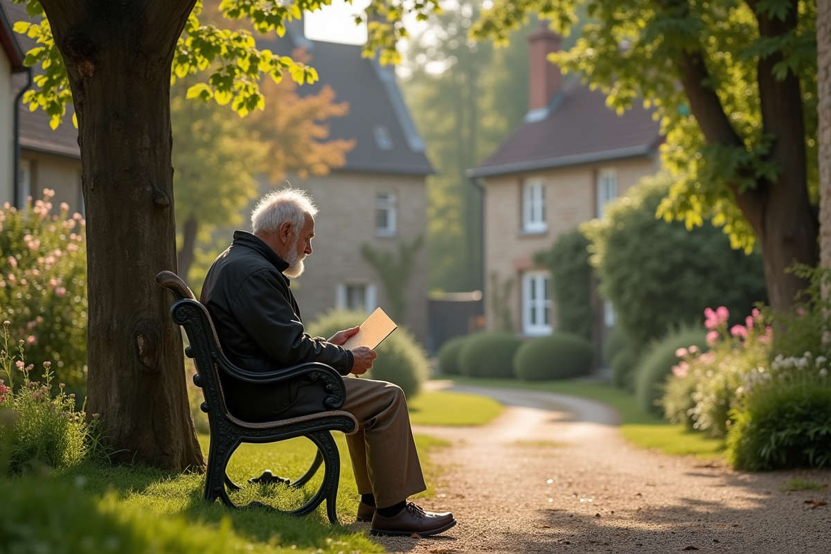 Homme âgé lisant une lettre de pension dans un village français