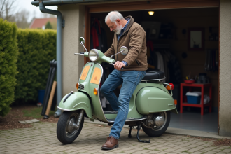Homme d'âge moyen examinant un Piwi 50 devant un garage