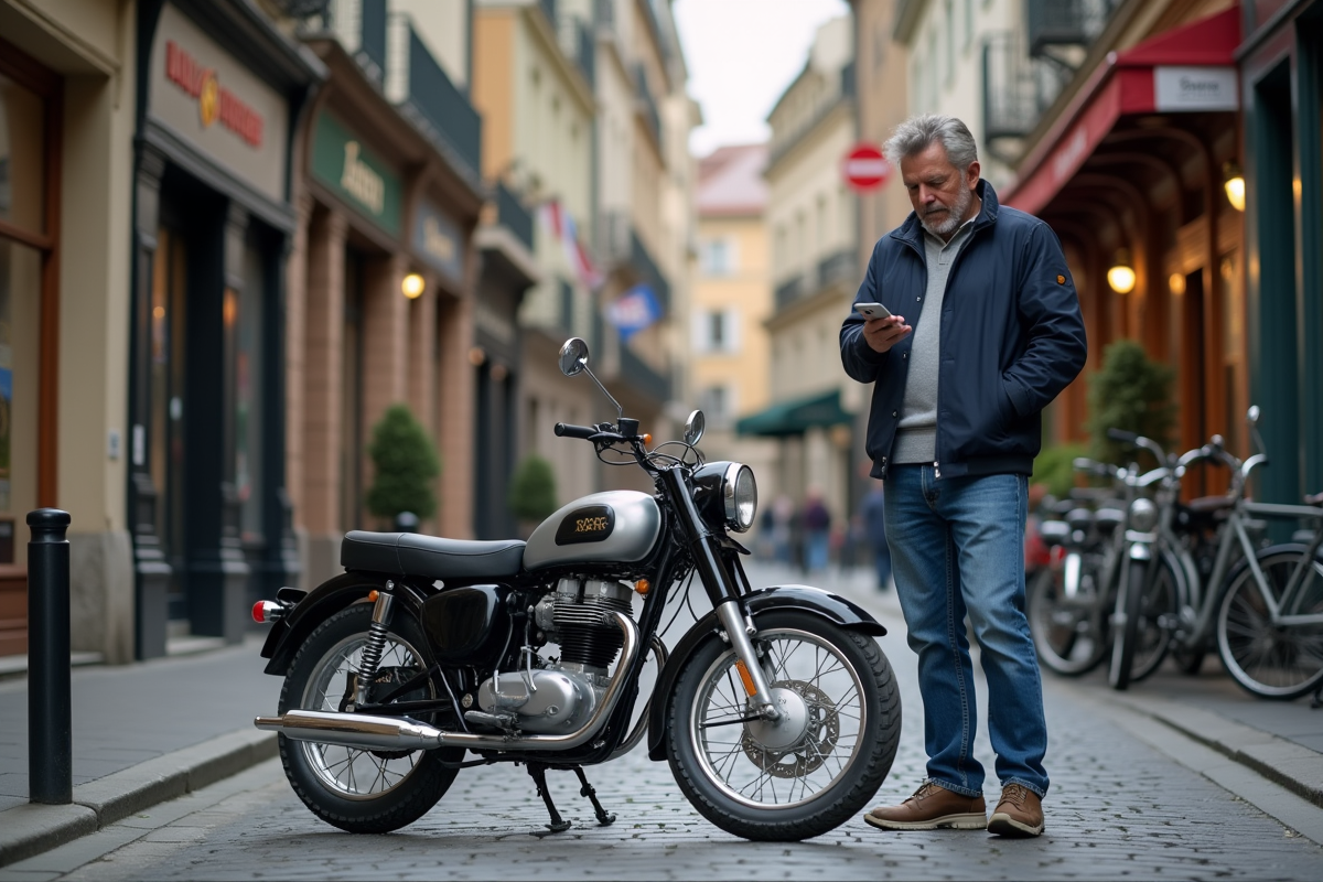 Homme d'âge moyen avec moto vintage en ville