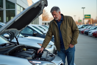 Homme d age moyen inspectant le moteur d une voiture d occasion