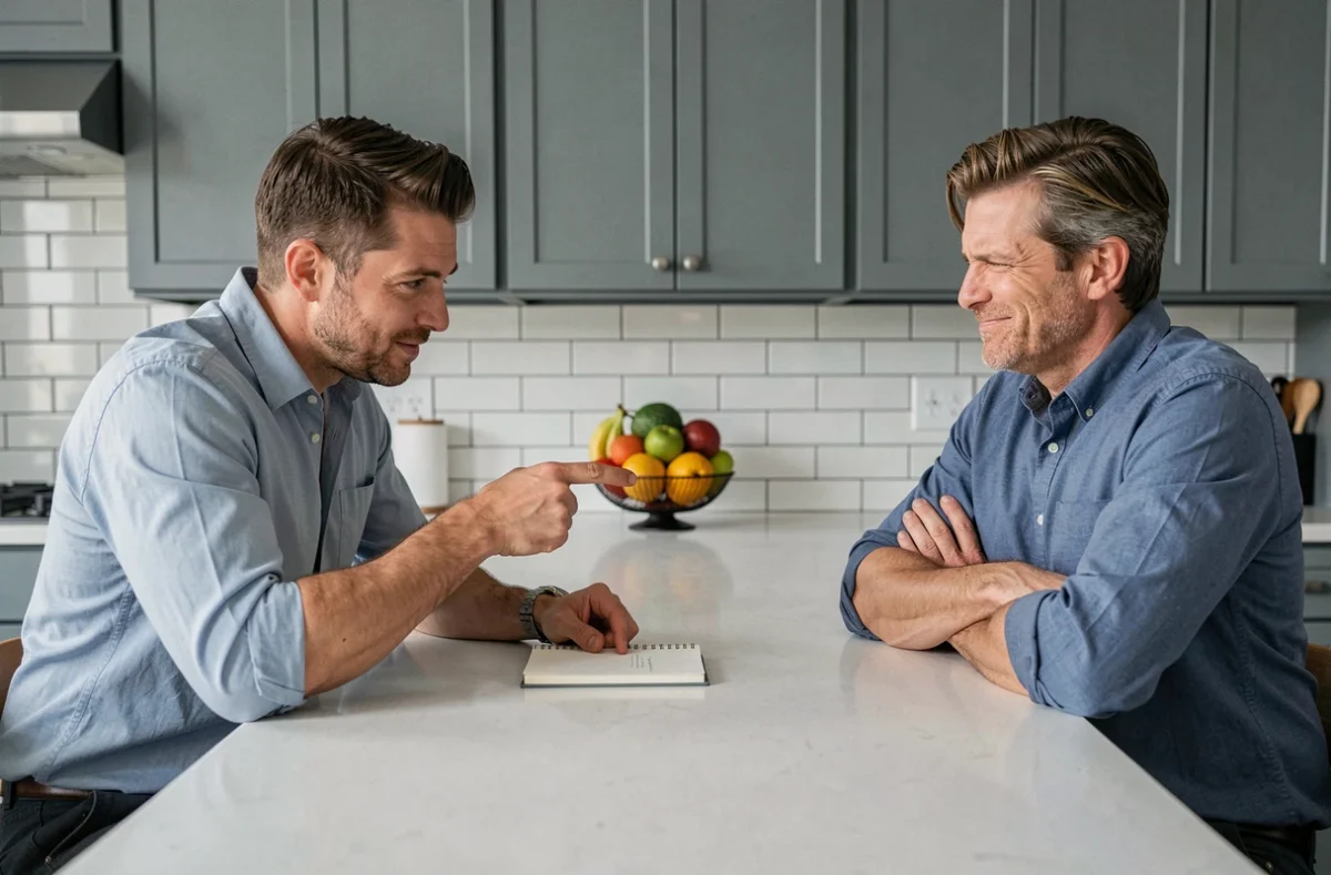 Deux hommes adultes se défiant sur une devinette dans une cuisine moderne avec carnet de notes