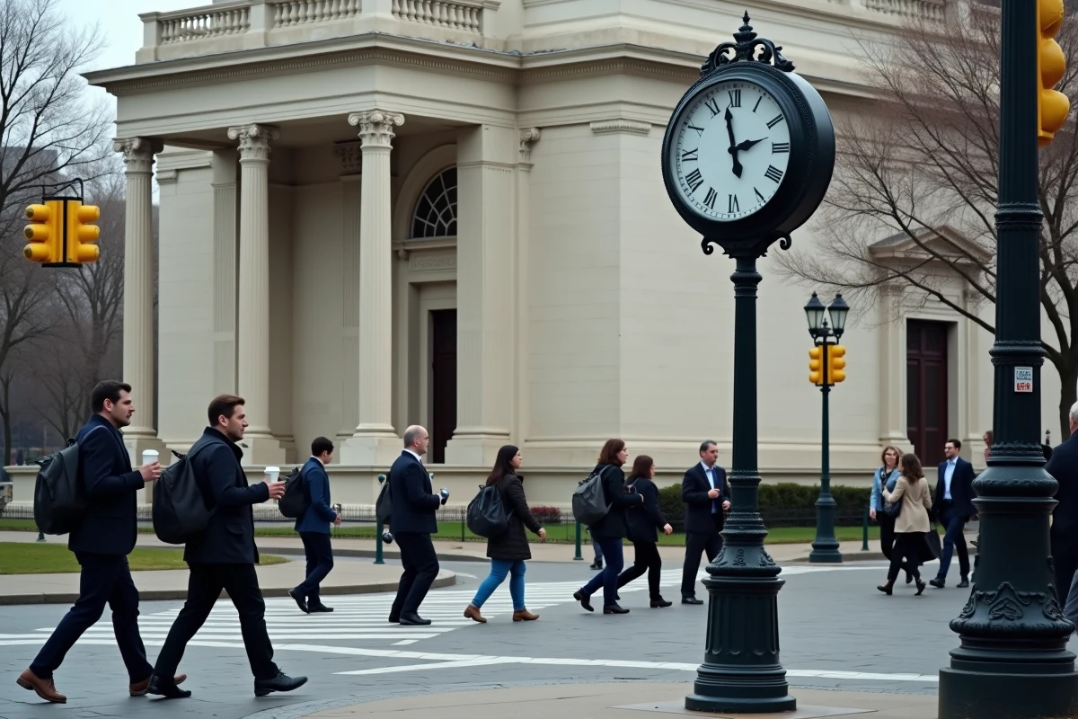 Grande horloge analogique dans une rue animée de Washington D.C. avec des passants en tenue professionnelle