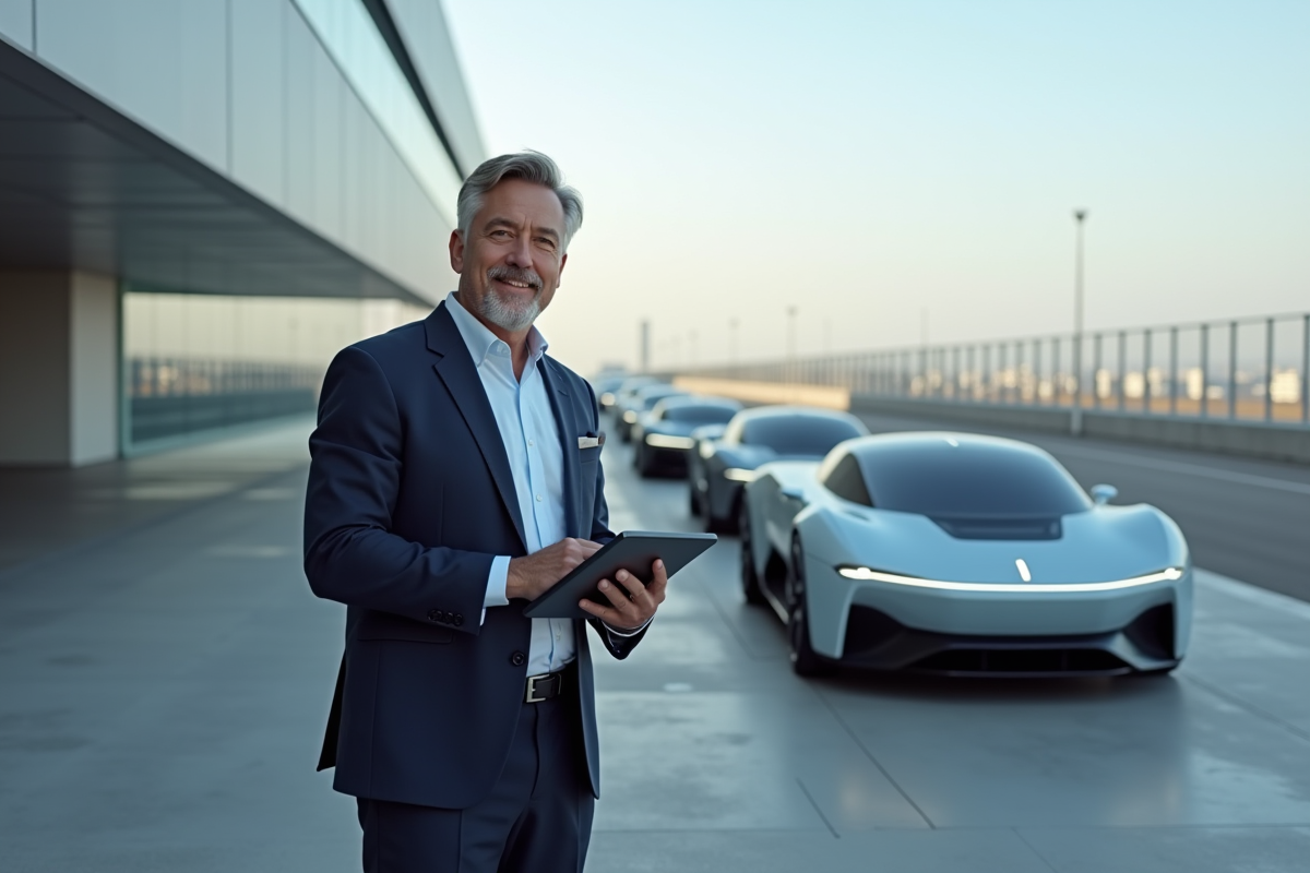 Ingénieur homme en businesscasual devant voitures futuristes