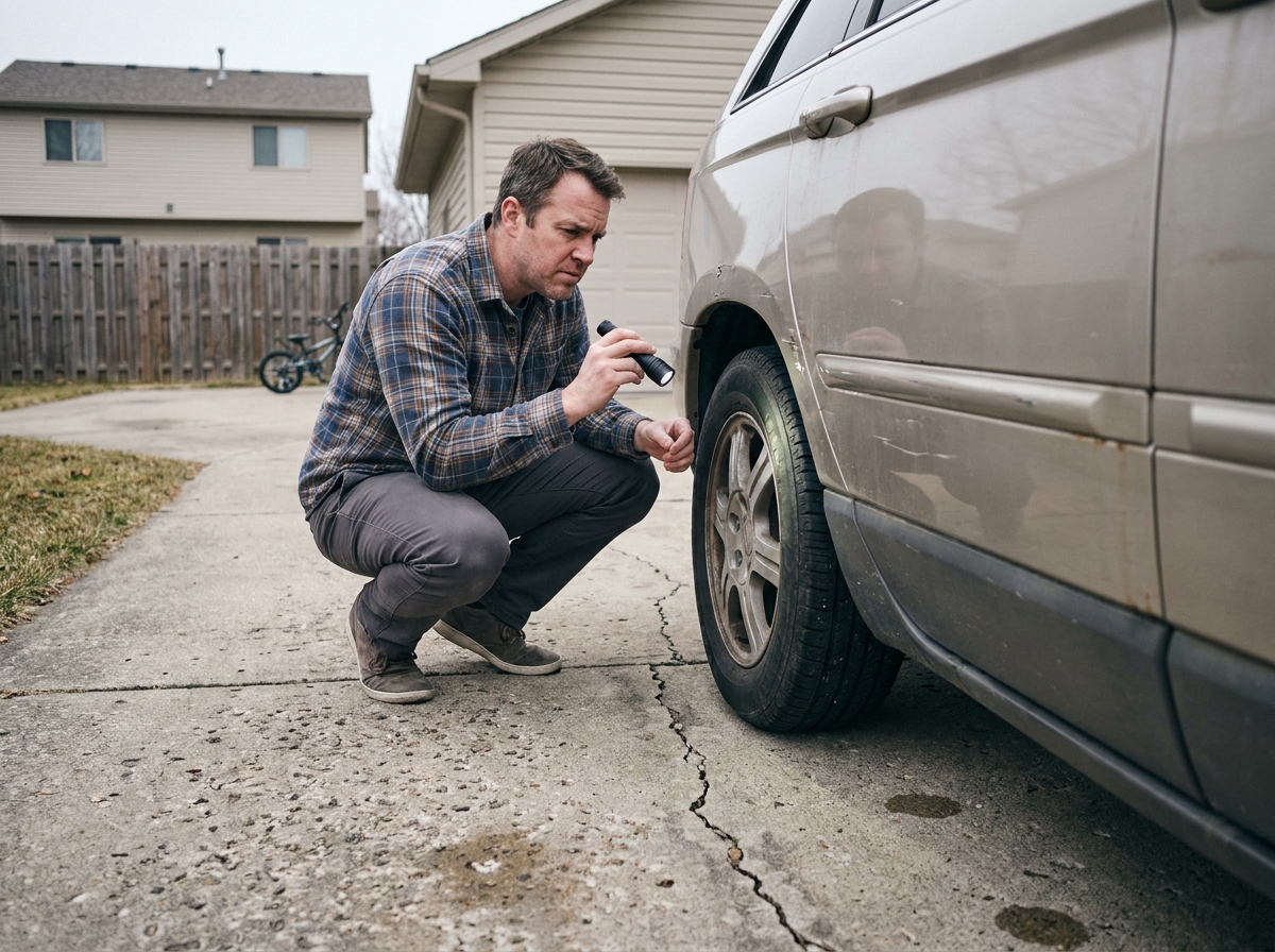 Homme inspectant les pneus et la carrosserie d'un van familial 7 places d'occasion dans une allée de maison