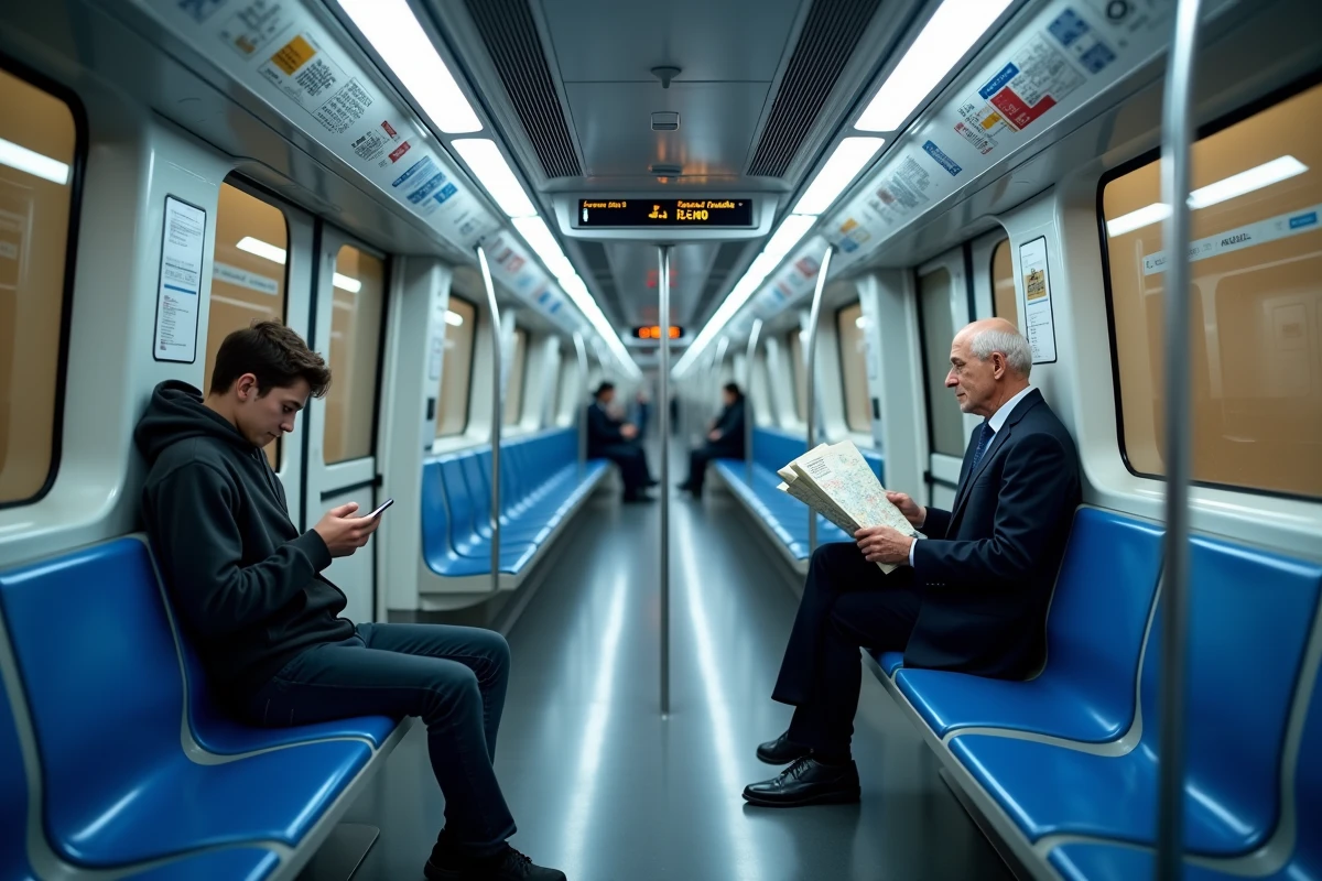 Intérieur d'une rame automatique de la ligne 14 à Paris avec affichage des stations et correspondances