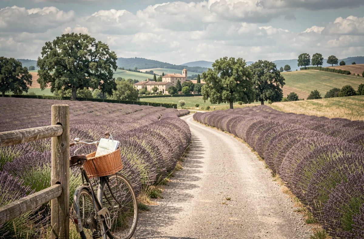 Route de campagne dans la Drôme près de Hauterives avec un vélo et un paysage vallonné typique de la région