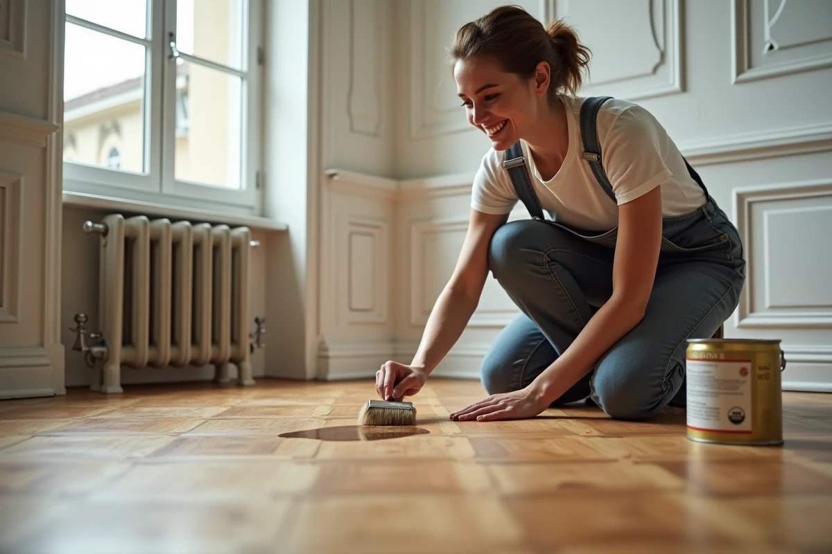 Jeune femme en overalls appliquant de la teinture sur parquet