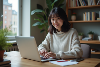 Jeune femme au bureau travaillant sur son ordinateur portable
