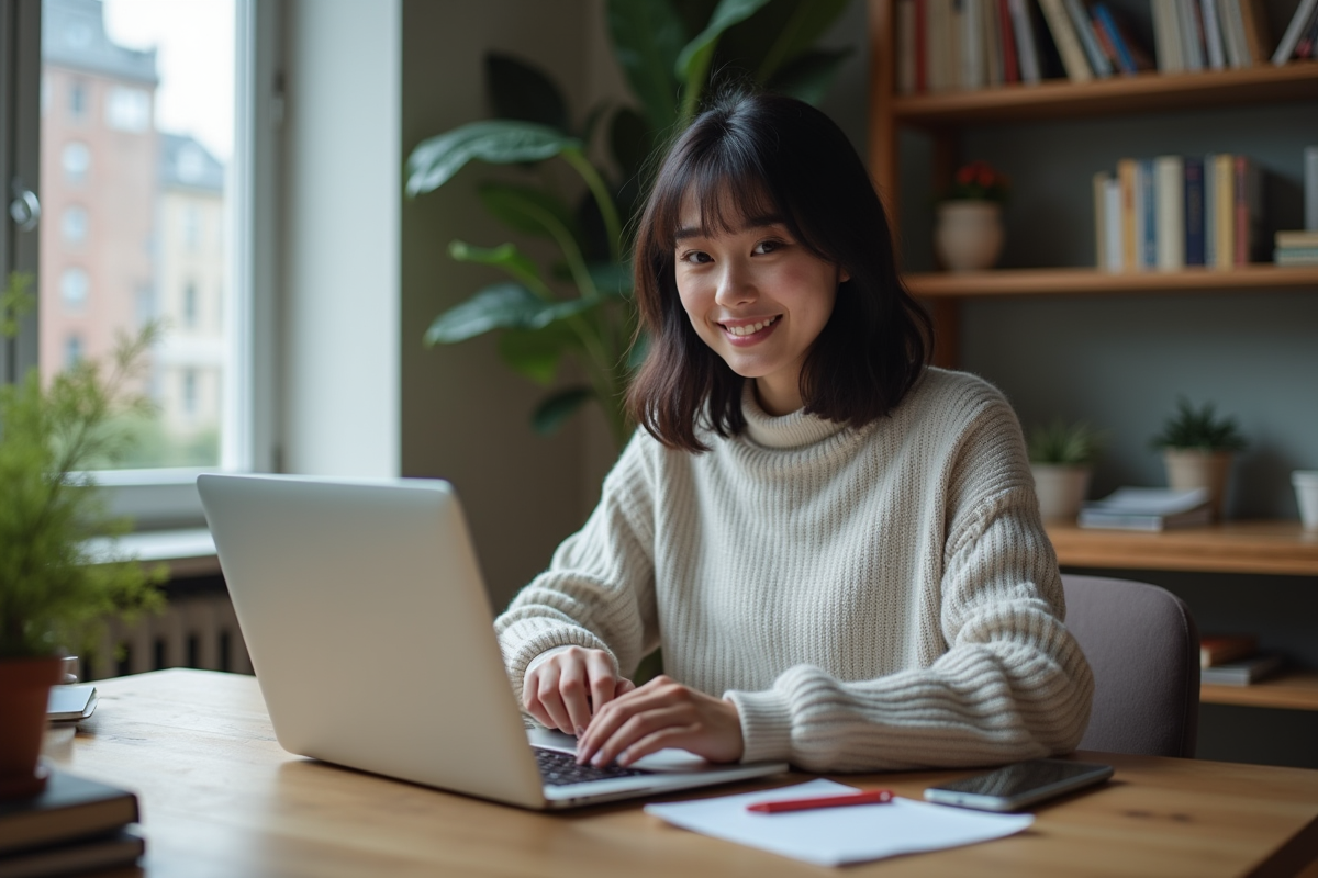 Jeune femme au bureau travaillant sur son ordinateur portable