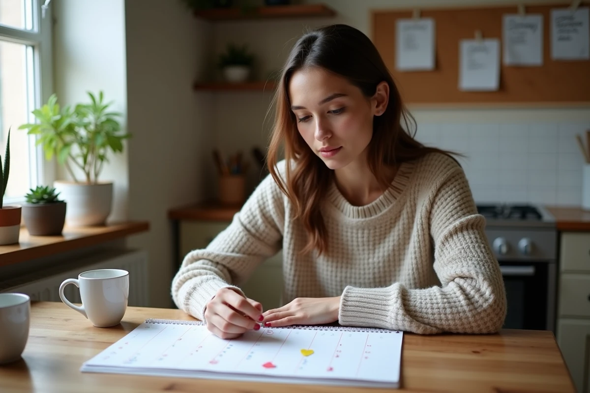Jeune femme comptant les jours sur un calendrier dans la cuisine