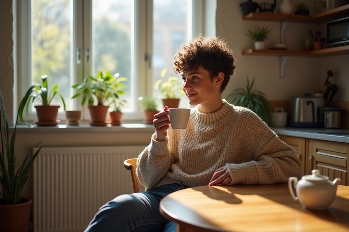 Jeune femme souriante buvant du thé dans sa cuisine