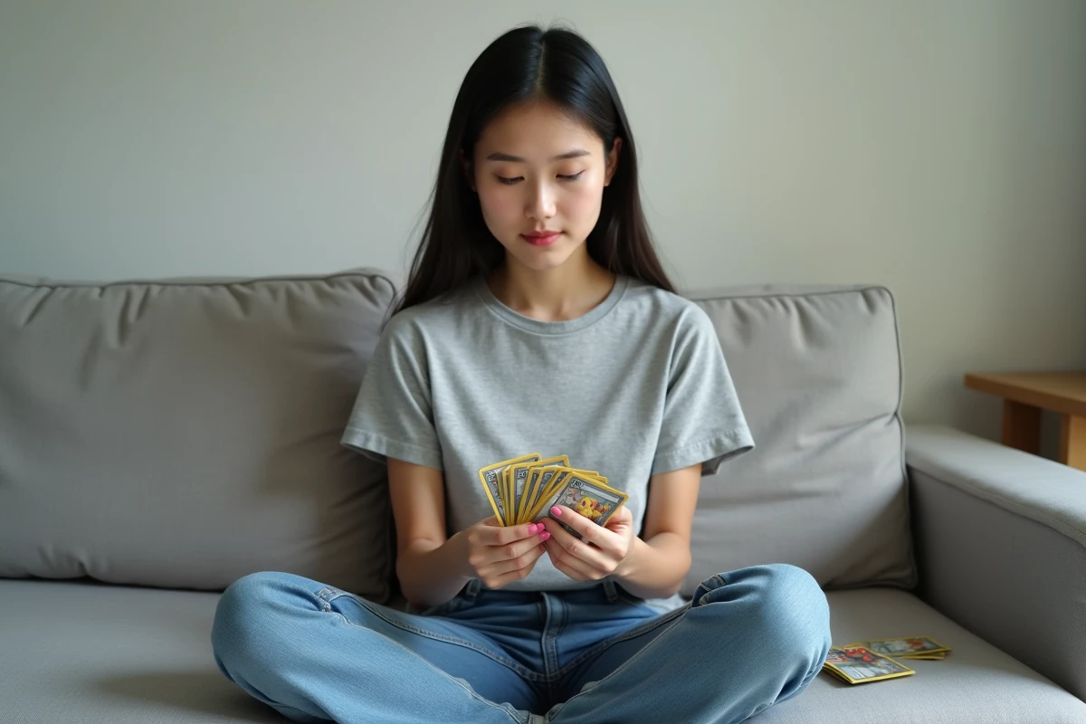 Jeune femme tenant un deck Pokémon Pocket économique dans un salon minimaliste, strategy de jeu budget