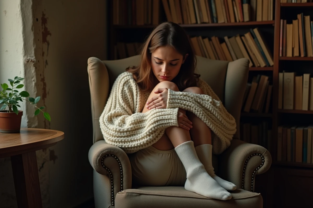 Jeune femme recroquevillée dans un fauteuil avec une expression triste et fatiguée, illustrant le sentiment de solitude intérieure