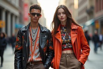 Jeune femme et homme en mode futuriste dans la rue