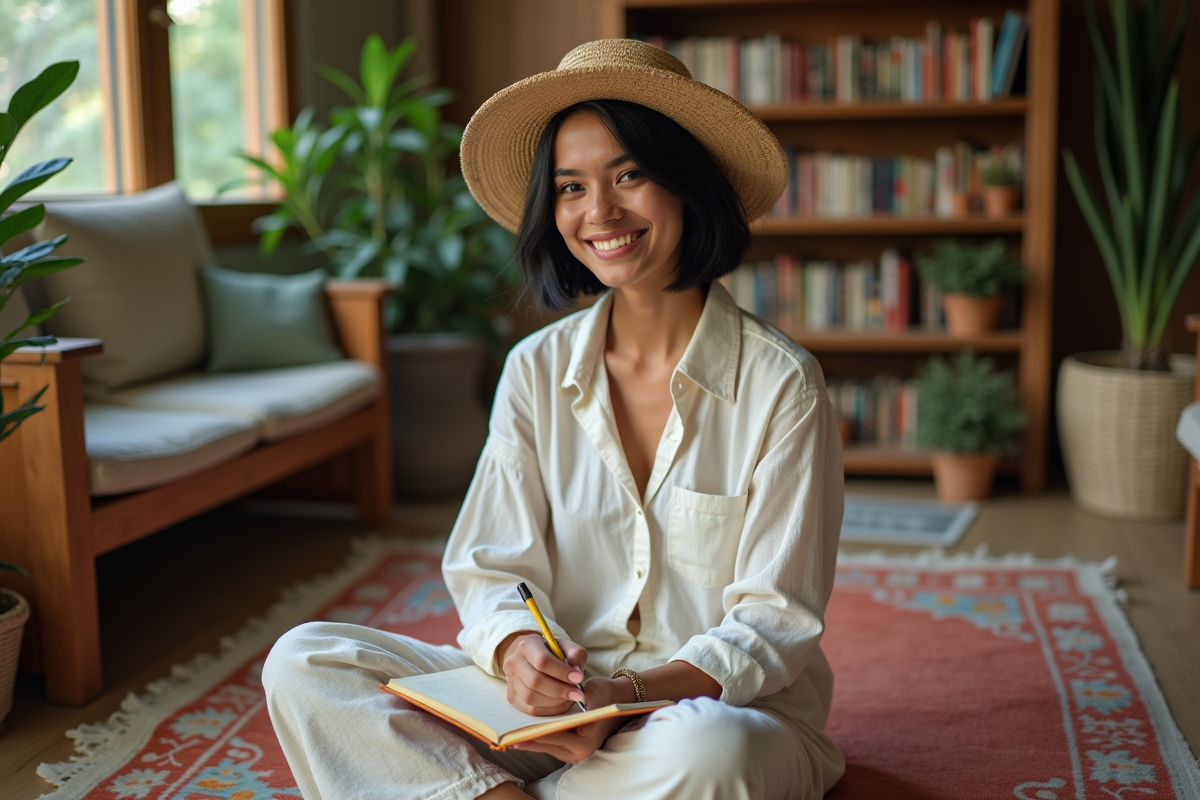 Jeune femme journal de voyage dans ambiance bohème