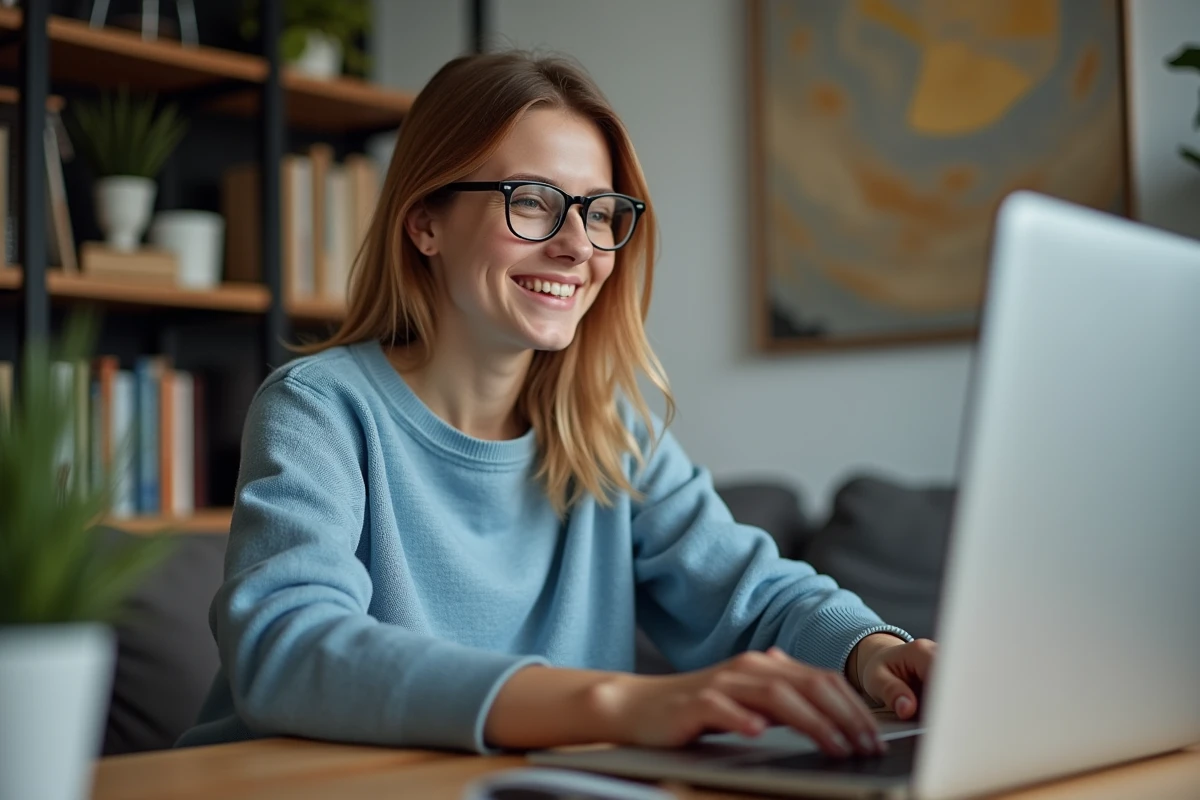Jeune femme souriante joue à Motus sur son ordinateur portable