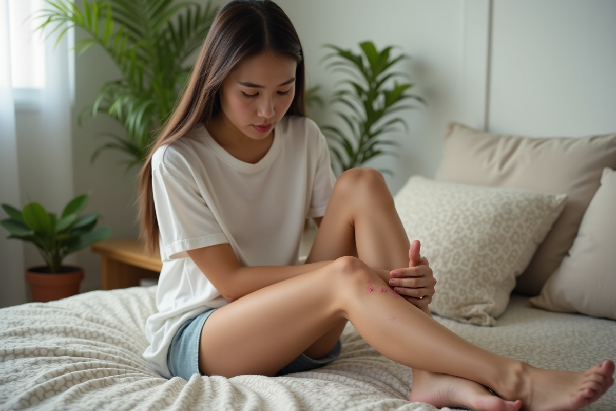 Jeune femme examine ses jambes avec des petits boutons rouges