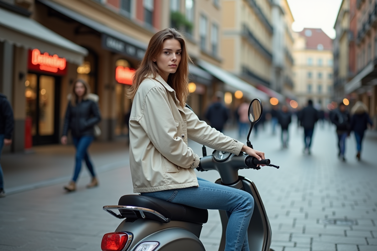 Jeune femme assise sur un Piwi 50 dans une place urbaine