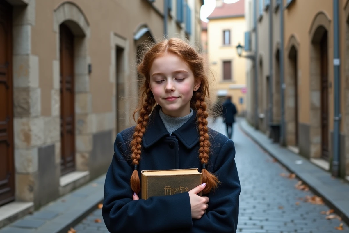 Jeune femme tenant un livre de poésie dans une rue pavée d'une vieille ville française en automne, atmosphère littéraire et introspective inspirée de Rimbaud