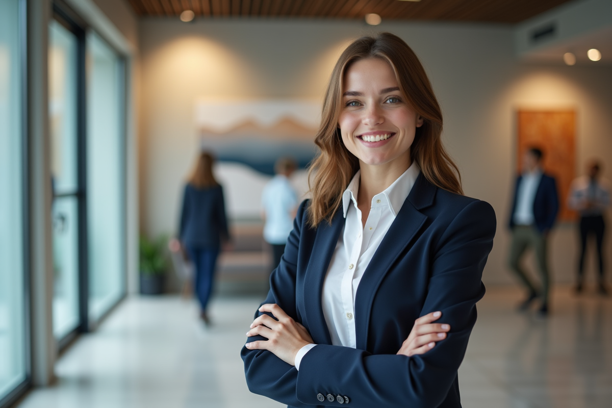 Jeune femme professionnelle en blazer dans un lobby moderne