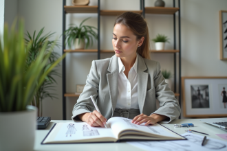 Jeune femme en blazer examinant un portfolio de mode