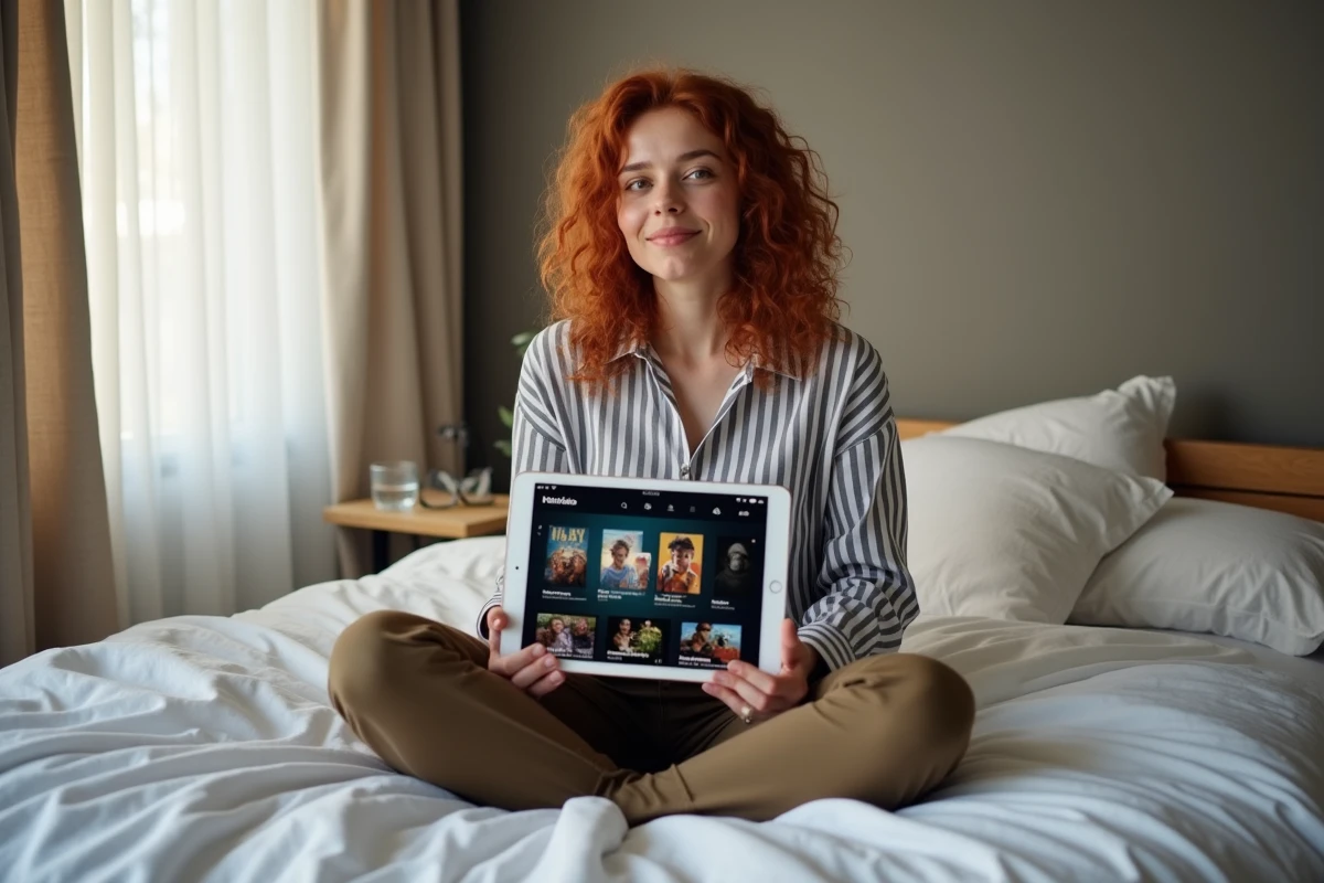 Jeune femme consultant la nouvelle adresse de 1jour1film sur une tablette depuis sa chambre