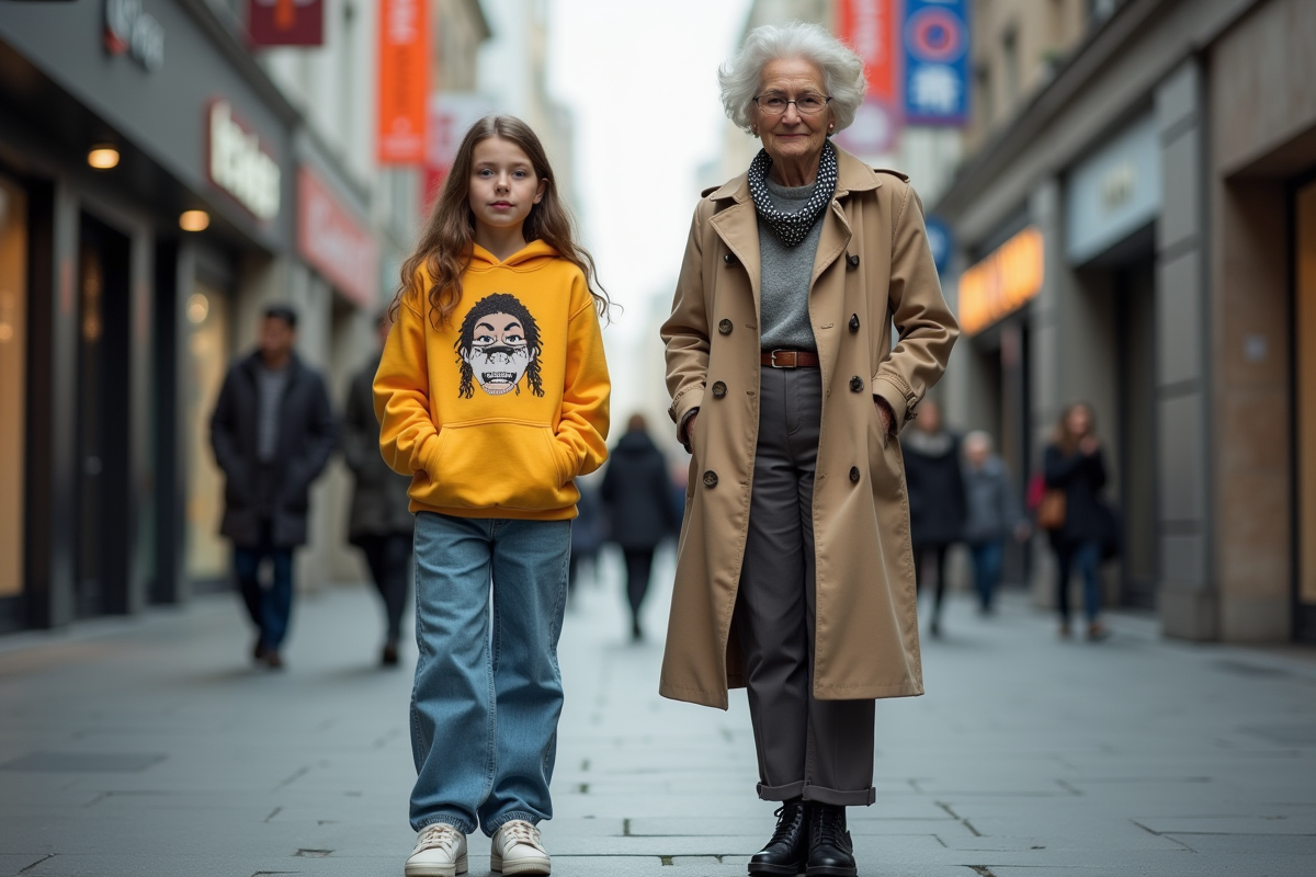 Fille adolescente et mère dans une rue urbaine animée