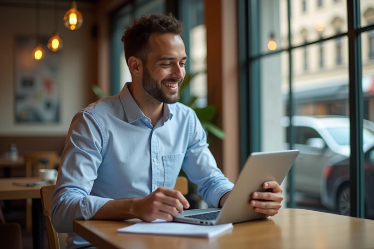 Jeune homme au café déléguant via tablette