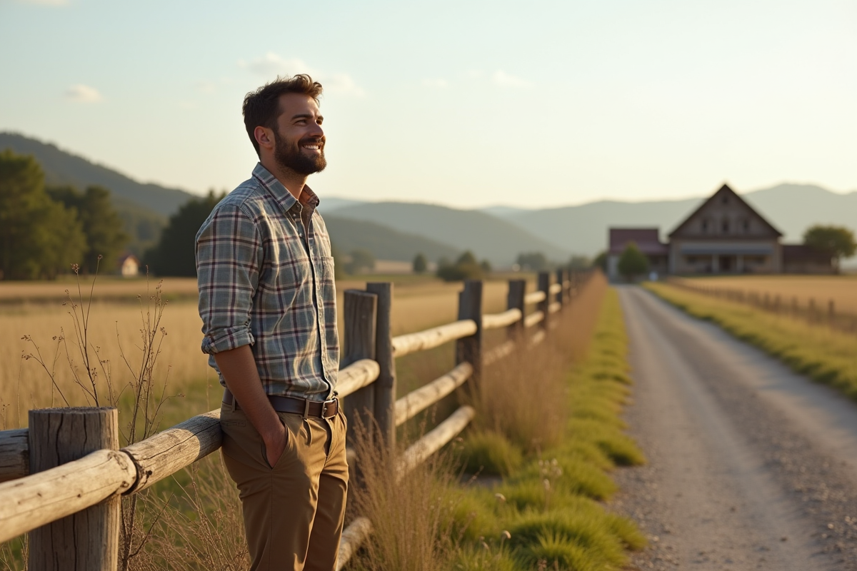 Jeune homme souriant dans un champ rural