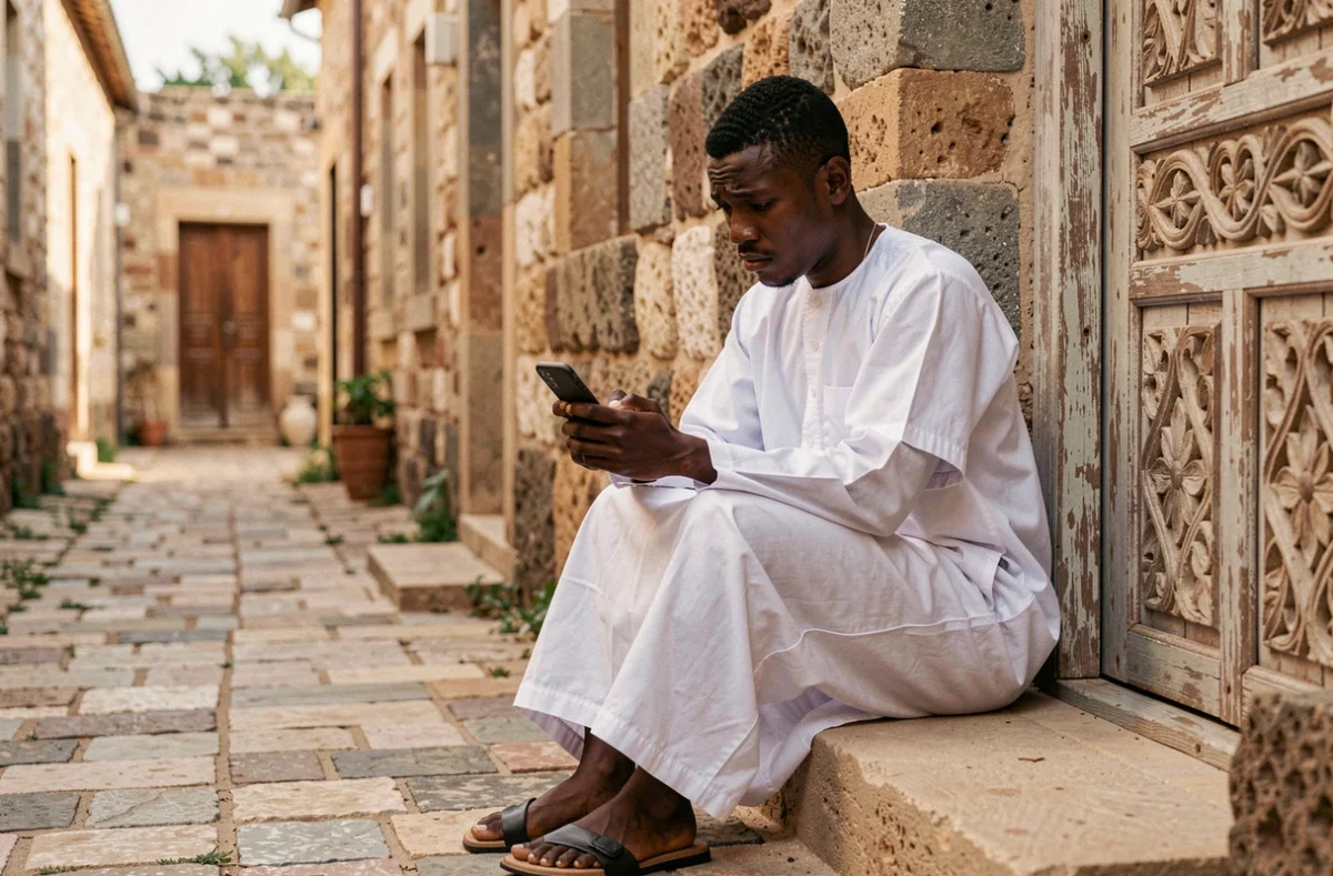 Jeune homme comorien consultant son smartphone devant une mosquée en pierre à Mutsamudu, Anjouan